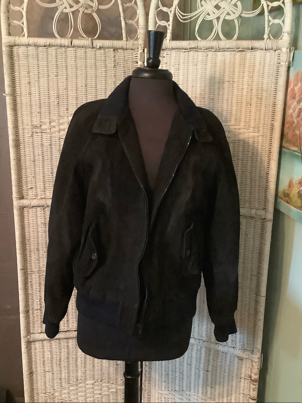Vintage Copper Key Black Suede Leather Bomber Jacket